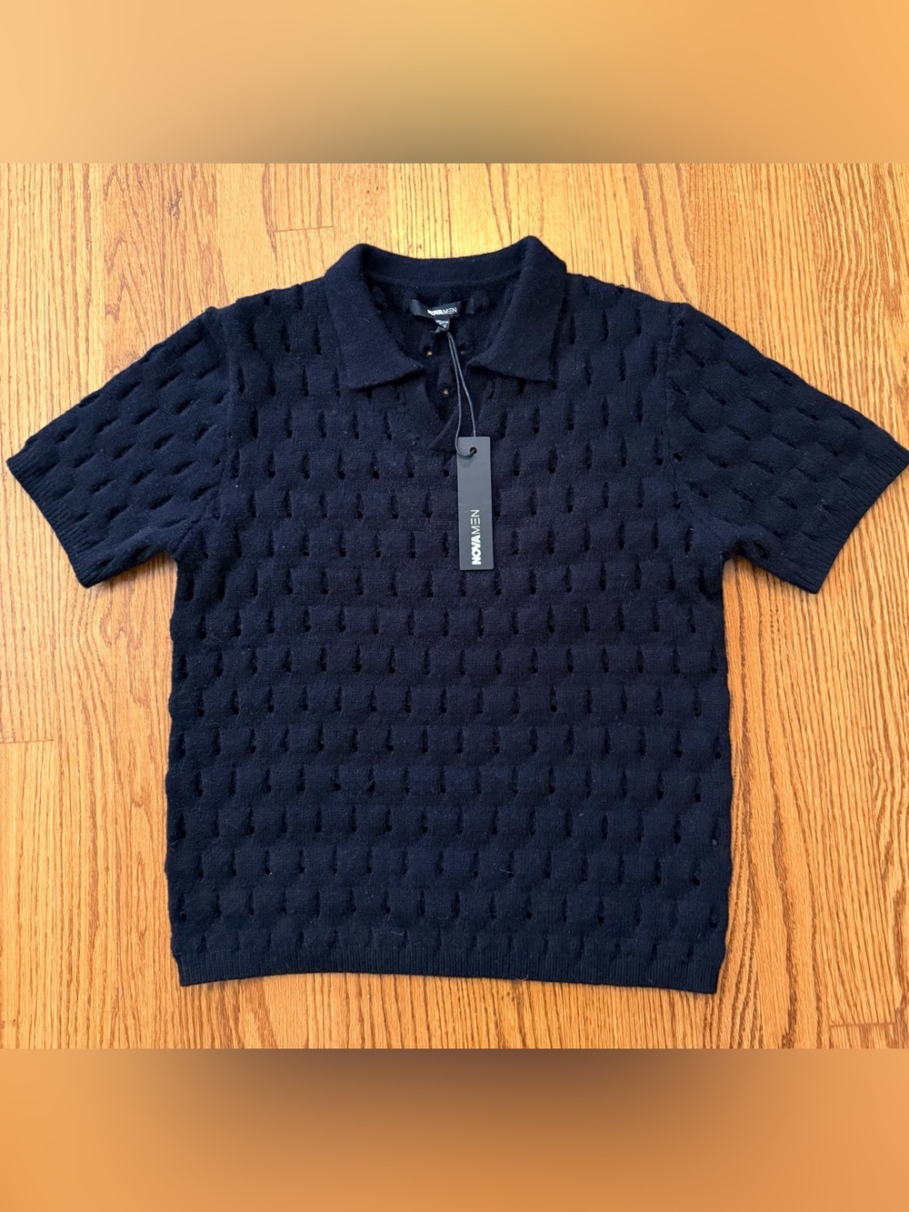 NOVAMEN Black Textured Knit Polo Sweater Short Sleeve Collared Solid S